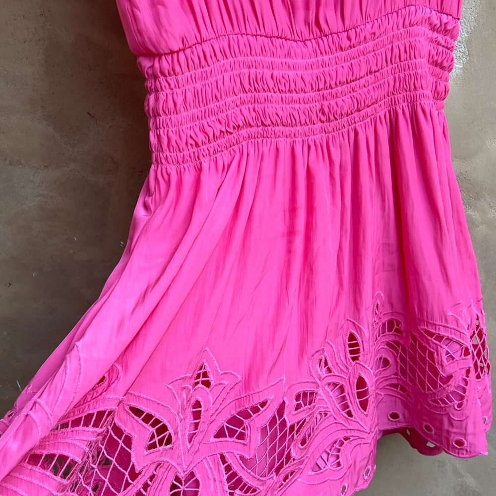 Ramy Brook Dress Mini Sz L Rochelle Style PunchPink ColorEmbroidery Sleeve/Skirt